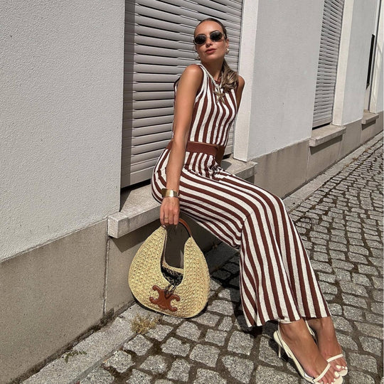 Damen lässiger Jumpsuit mit gestreiftem Design und hohem Bund EB