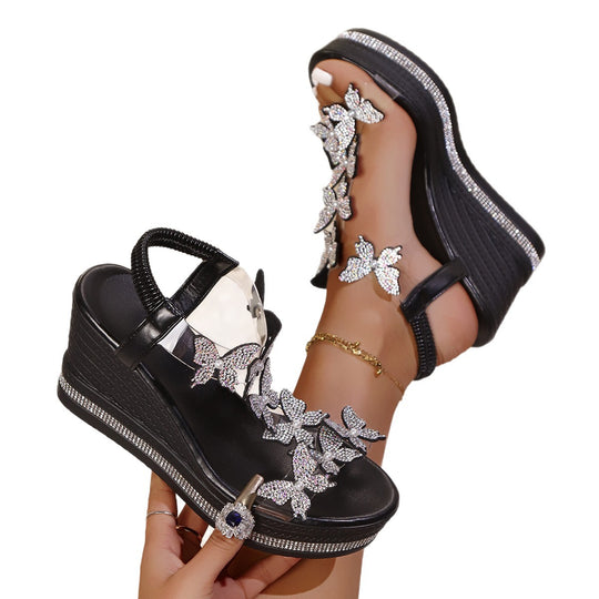 Damen Wedge-Sandaletten mit floralen Applikationen und eleganter Glitzerverzierung EB