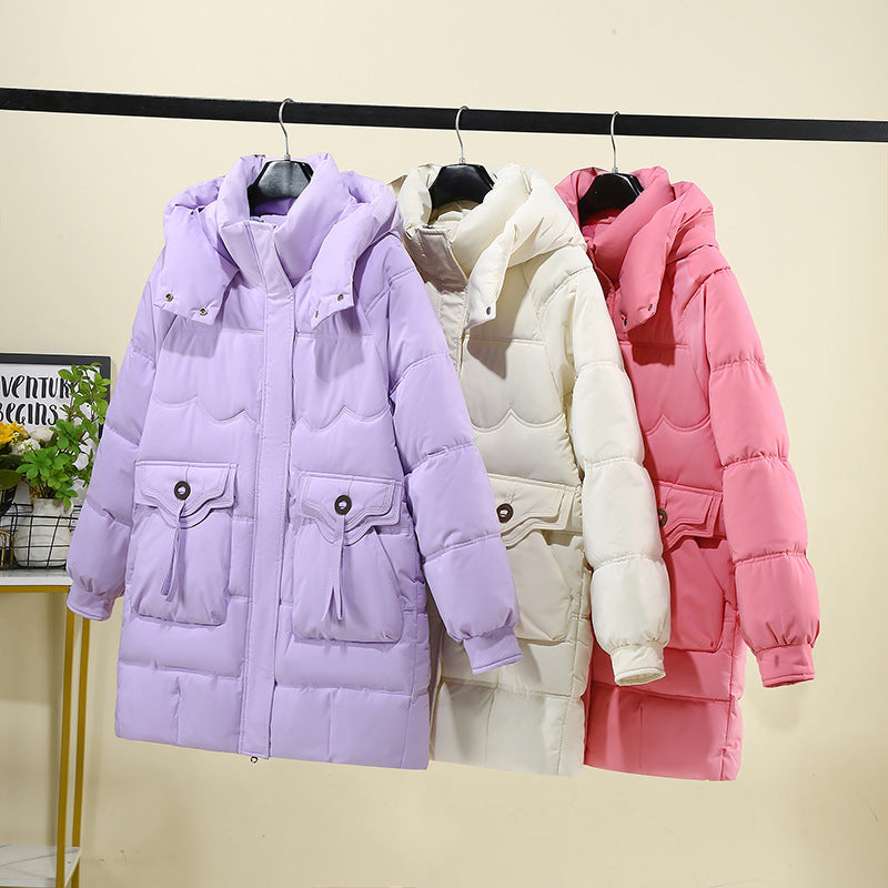 Damen Lange Pufferjacke mit praktischem Kapuzenkragen und großen Taschen EB