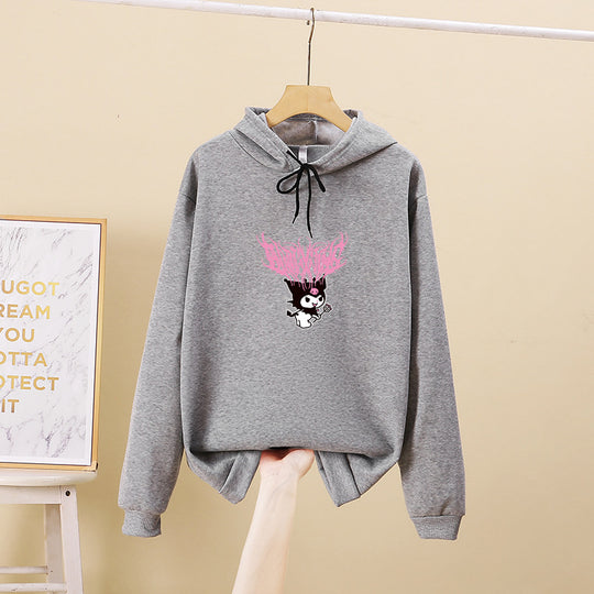 Damen nan Kapuzenpullover mit Gothic‑Kawaii Print, Oversize‑Schnitt und weichem Fleeceinnenfutter EB