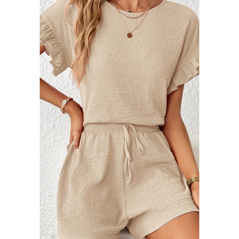 Damen Kurzarm-Overall mit Rüschendetails und Bindegürtel EB