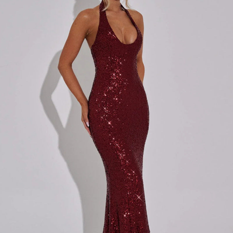 Damen Glamouröses Pailletten-Maxi-Kleid mit tiefem V-Ausschnitt und schmalem Schnitt EB