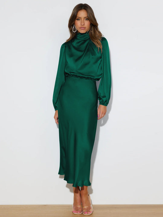 Damen Satin-Maxikleid mit hohem Kragen und Raffungen EB