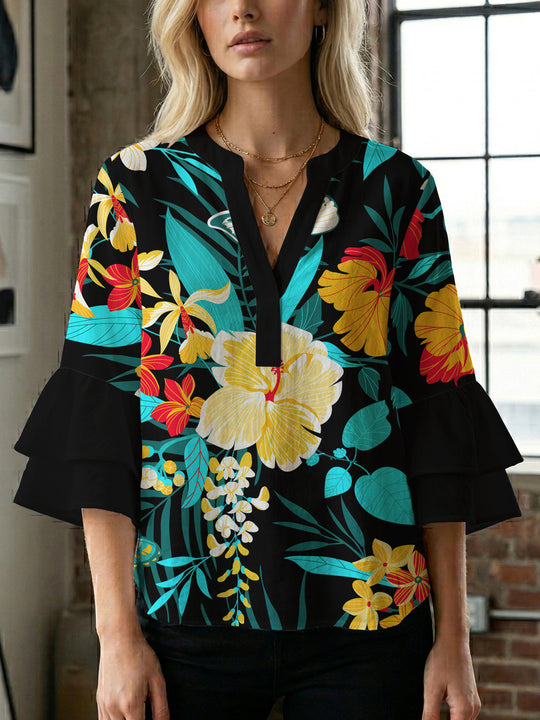 Damen Blusenshirt mit voluminösen Ärmeln und floralem Muster EB