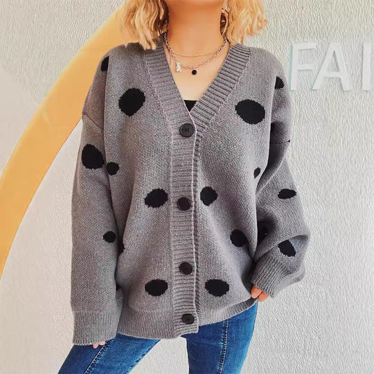Damen lässige Strickjacke mit modernen Punkten und voluminösen Ärmeln EB