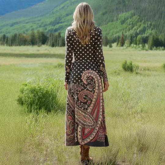 Damen Maxikleid mit Paisley‑ und Polka‑Dot‑Print, langärmeliges A‑Linien‑Jerseykleid EB