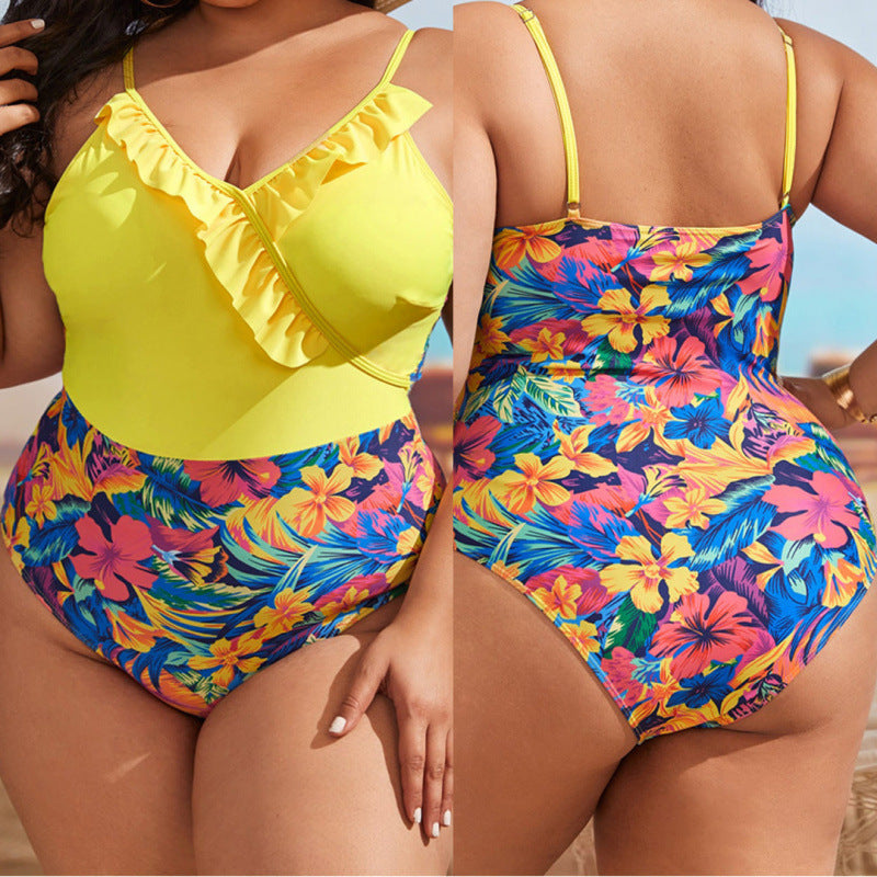 Damen Einteiliger Badeanzug mit floralem Wickeldetail und Rüschen EB