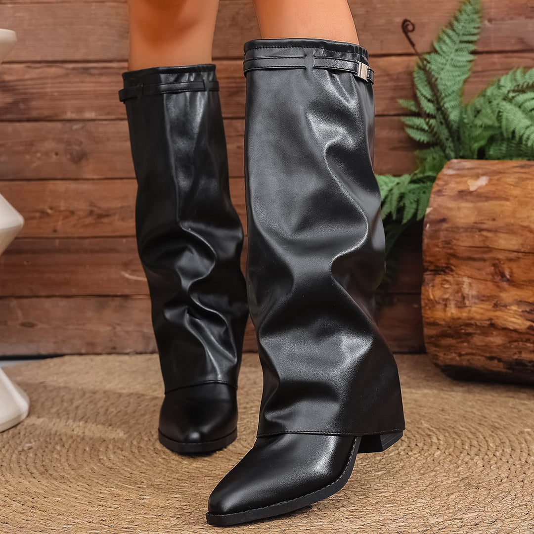 Damen nan kniehohe Slouch-Stiefel mit spitzer Zehenpartie niedrigem Blockabsatz und dekorativem Schaftgurt EB