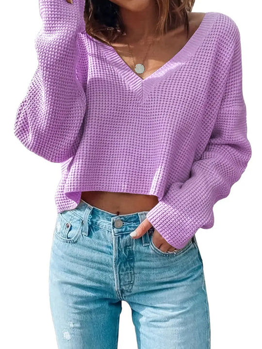Damen modischer V-Ausschnitt Pullover im Waffelstrick EB