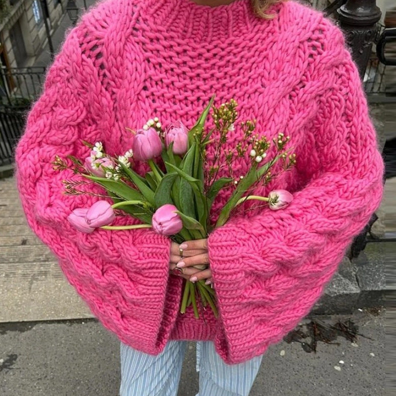 Damen oversize Strickpullover mit Zopfstrickmuster EB