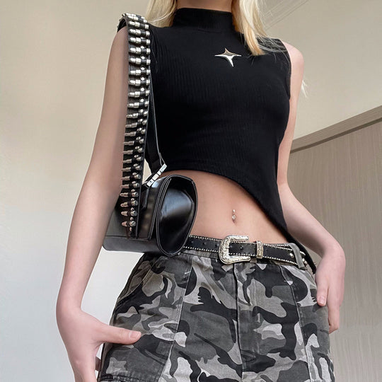 Damen asymmetrisches Crop-Top mit modernem Design und dekorativen Details EB