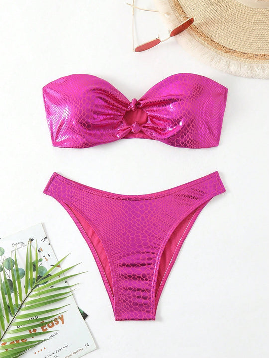 Damen Bandeau-Bikini mit hochglänzendem Schlangenmuster EB