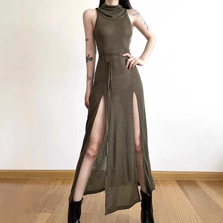 Damen Elegantes Maxikleid mit hohem Schlitz und Kapuze EB