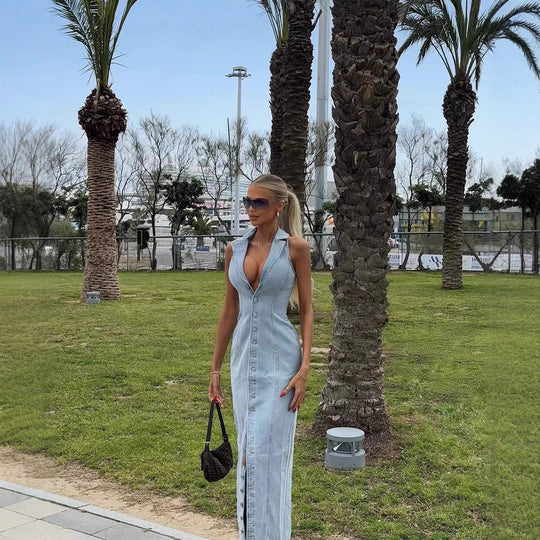 Damen Denim Maxikleid mit Knopfleiste und hohem Kragen EB