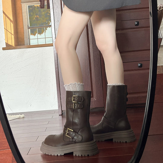Damen Robuste Schnürstiefel mit dekorativen Schnallen und stabiler Sohle EB