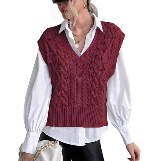 Damen Strickweste mit V-Ausschnitt und Zopfmuster EB