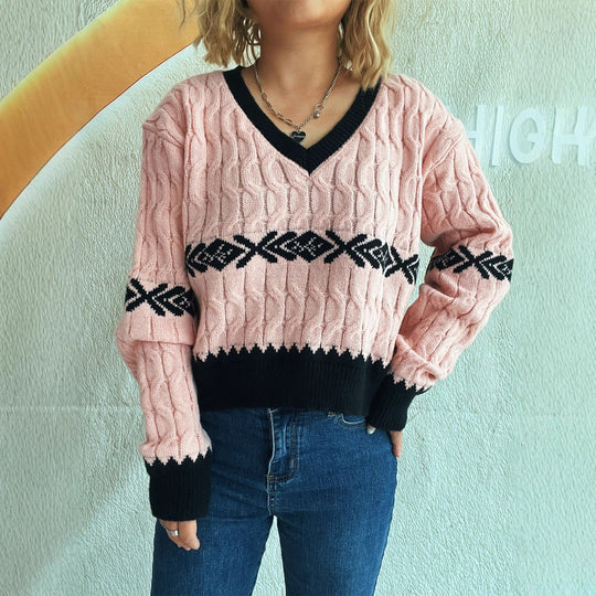 Damen lässiger Strickpullover mit modernem Zopfmuster und kontrastierenden Akzenten EB
