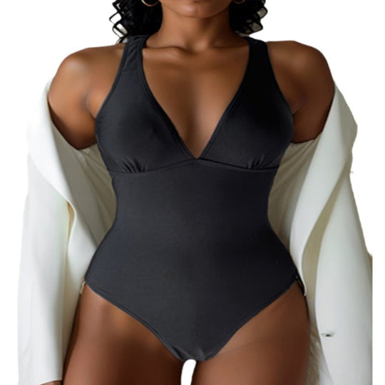 Damen Einteiler Badeanzug mit elegantem V-Ausschnitt und sportlichem Design EB