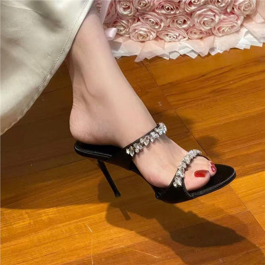 Damen elegante High Heel Sandalen mit glitzerndem Strassbesatz EB