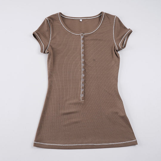 Damen figurbetontes Kurzarmshirt mit Knopfleiste und eleganter Rippstruktur EB