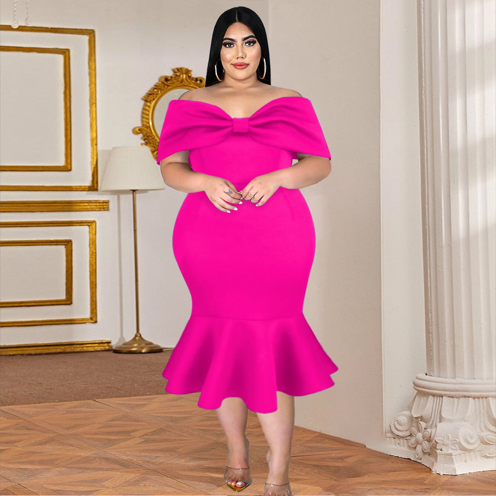 Damen figurbetontes Kleid mit schulterfreiem Design und voluminösem Schleifenakzent EB