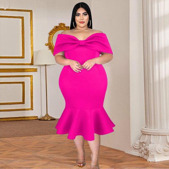 Damen figurbetontes Kleid mit schulterfreiem Design und voluminösem Schleifenakzent EB
