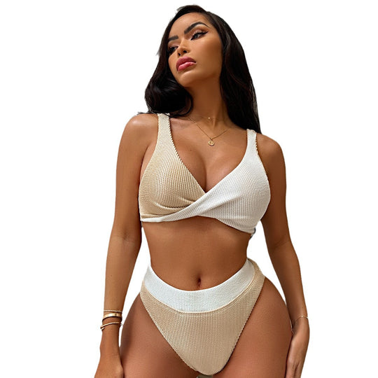 Damen Hochwertiges Ripp-Bikini-Set mit überkreuztem Oberteil EB