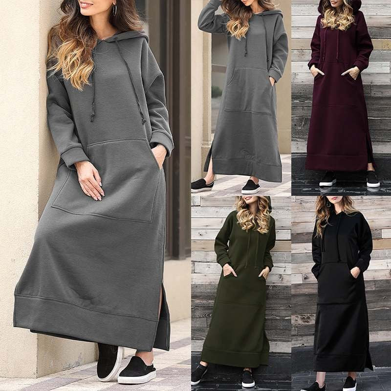 Damen nan langes Kapuzen-Sweatkleid mit Kängurutasche, Seitenschlitzen und lockerer Oversize-Passform EB