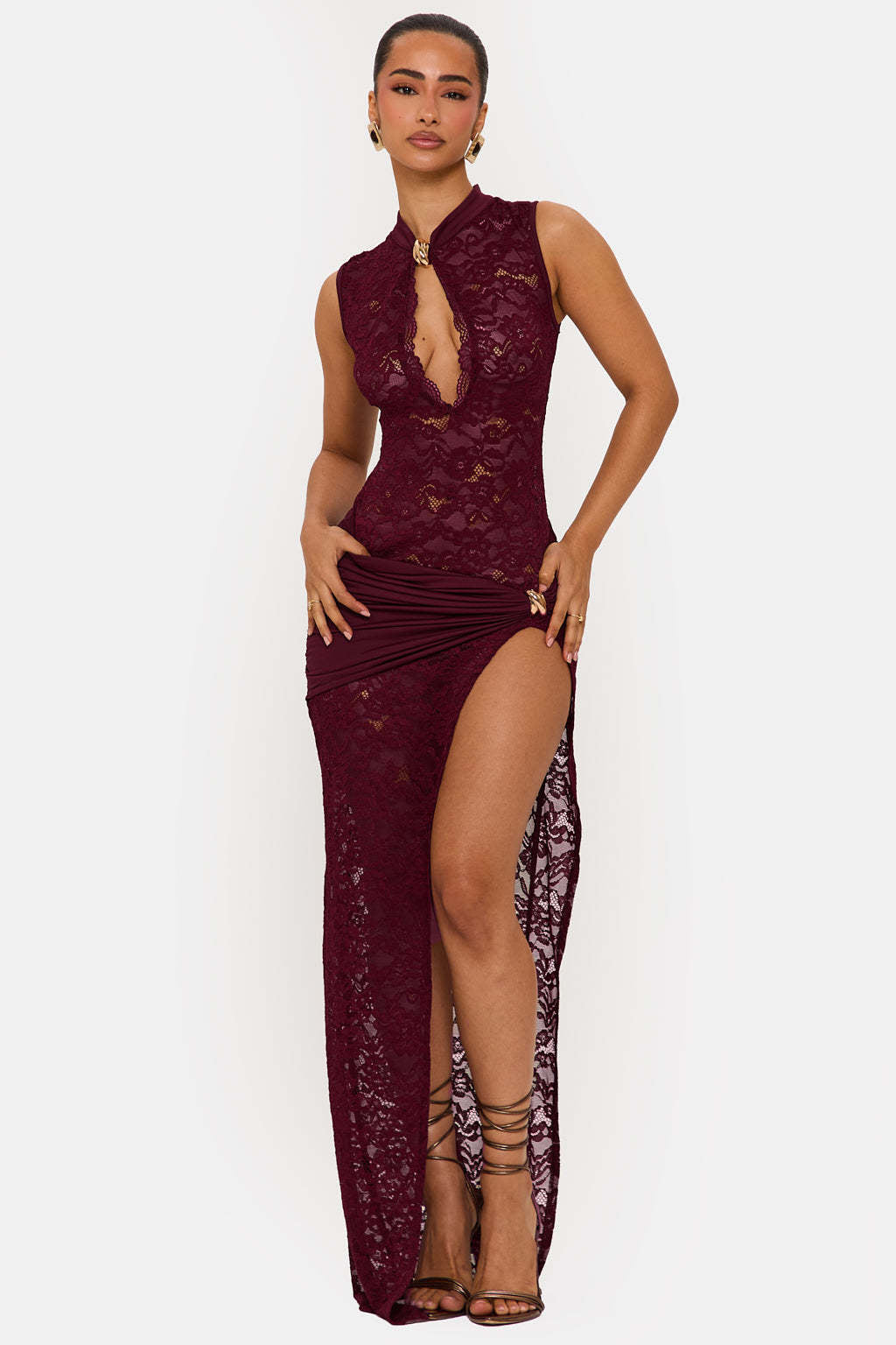 Damen Elegantes Spitzenkleid mit tiefem V-Ausschnitt und drapiertem Saum EB