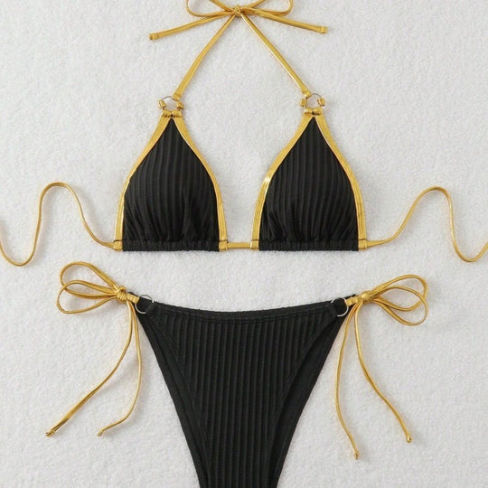 Damen Bikini-Set mit glänzenden Akzenten und verstellbaren Bindebändern EB