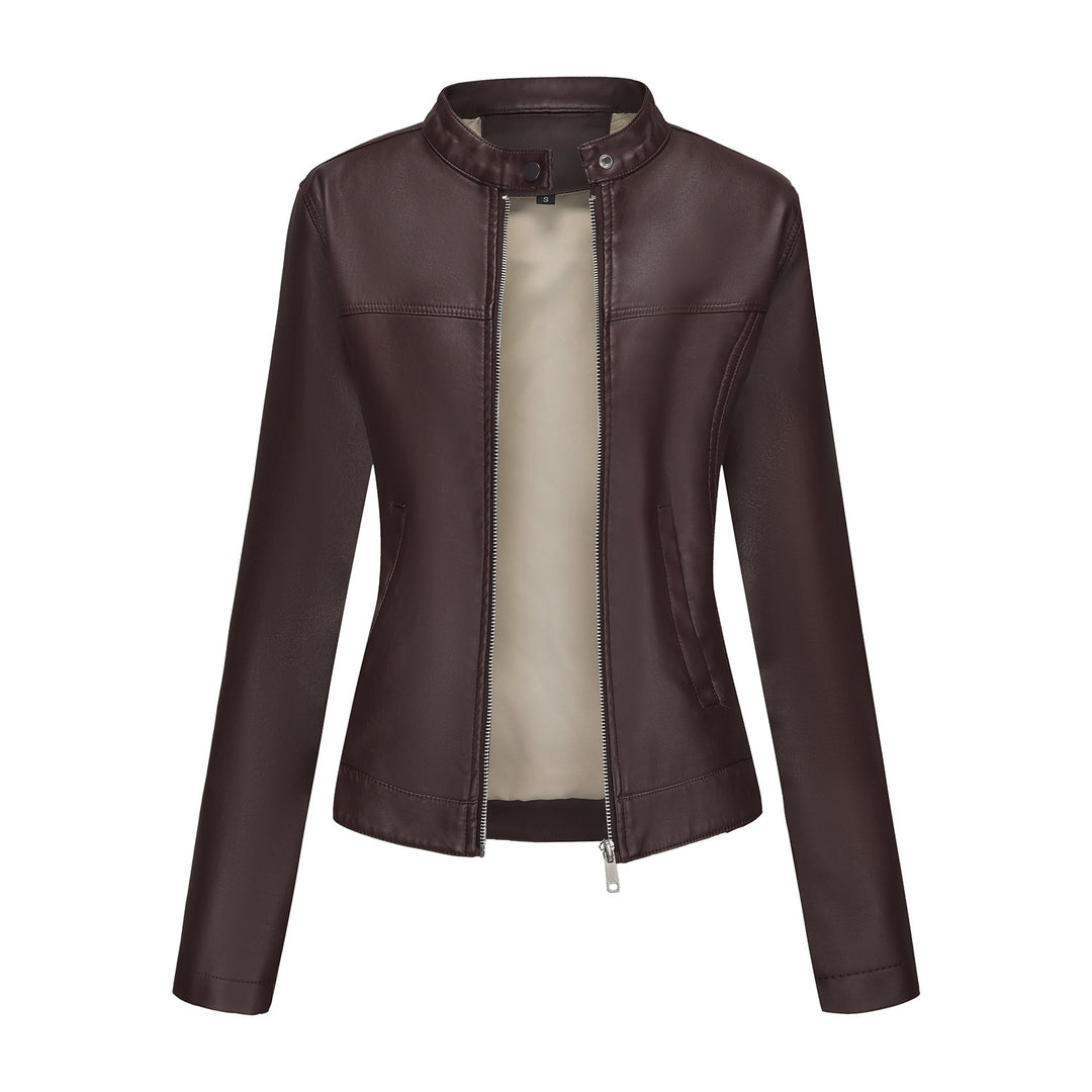 Damen nan taillierte Kunstlederjacke mit Stehkragen, verdecktem Reißverschluss und cleanem Minimaldesign EB