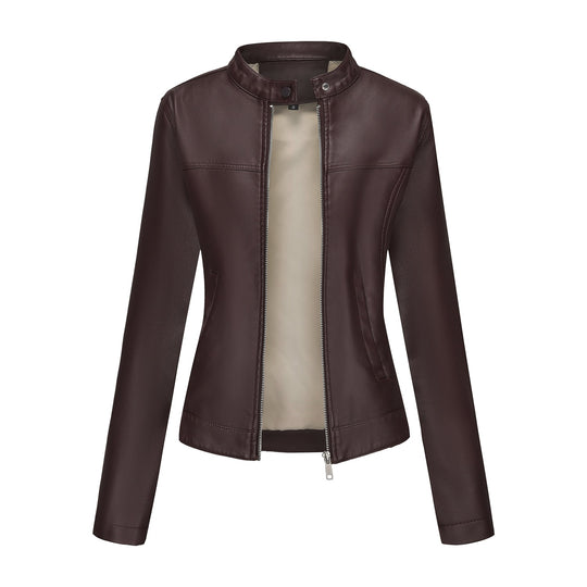 Damen nan taillierte Kunstlederjacke mit Stehkragen, verdecktem Reißverschluss und cleanem Minimaldesign EB