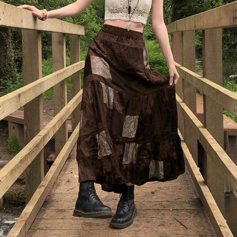 Damen Maxirock mit floralen Patchwork-Mustern und voluminösem Saum EB
