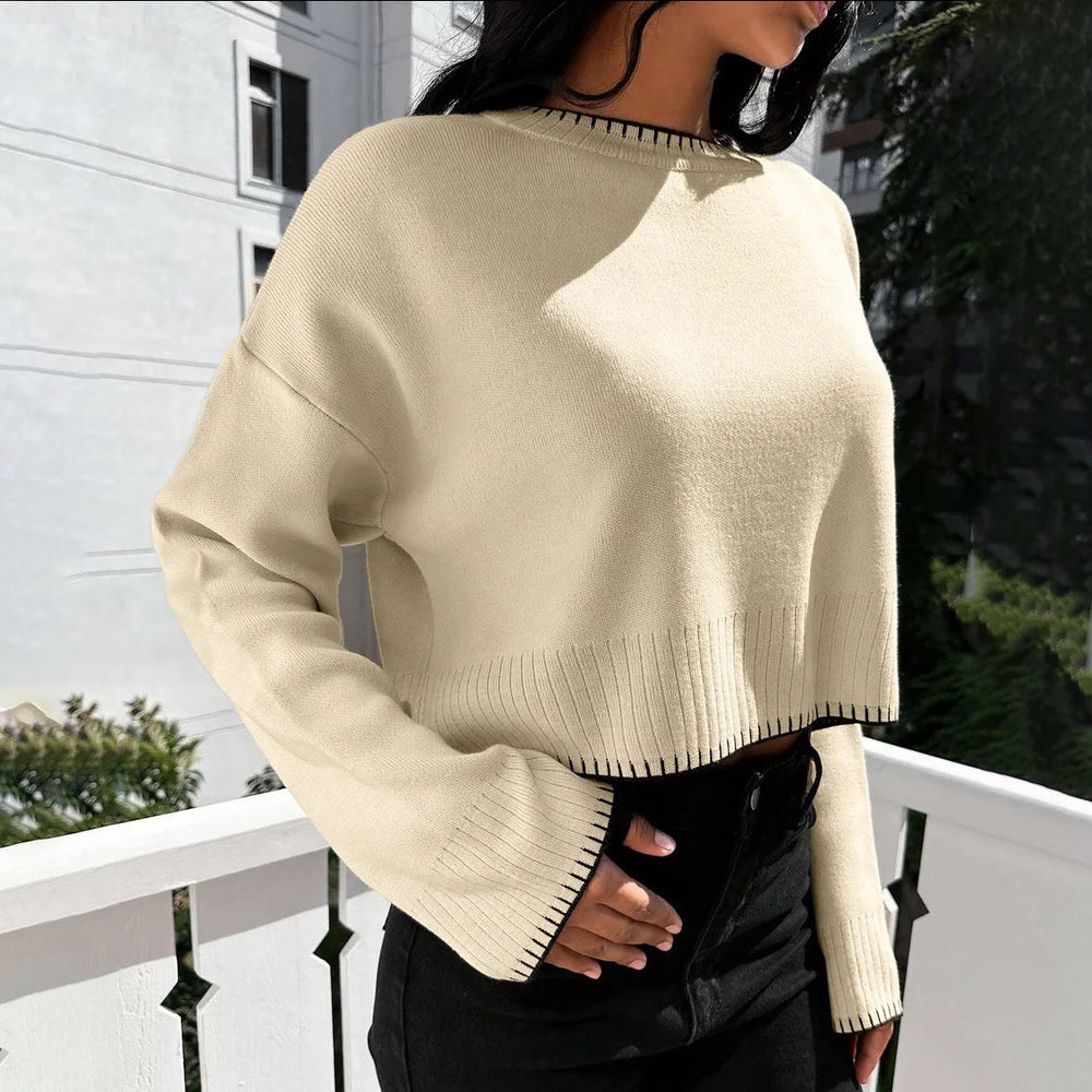 Damen lässiger Cropped Pullover mit feiner Rippstruktur und elastischem Bund EB
