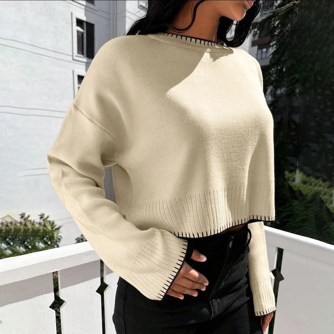 Damen lässiger Cropped Pullover mit feiner Rippstruktur und elastischem Bund EB