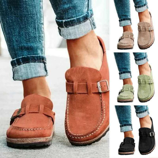 Damen Mokassin-Mule mit verstellbarer Schnalle und Kork-Plateau EB