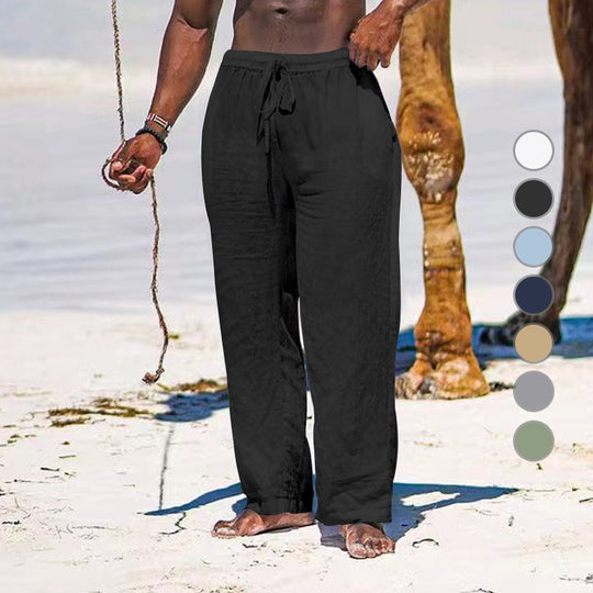 Herren lässige Strandhose aus leichtem Leinenstoff mit elastischem Bund und Kordelzug EB