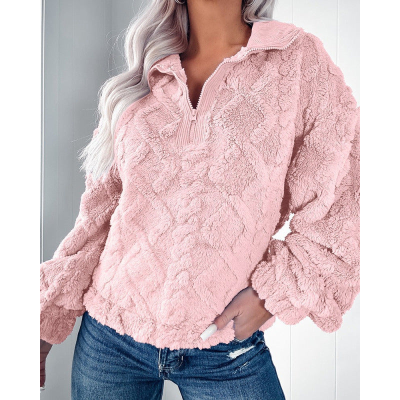 Damen Kuscheliger Fleece-Pullover mit hohem Kragen und Halb-Reißverschluss EB