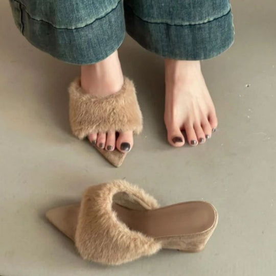 Damen elegante offene Mules mit flauschigem Besatz EB