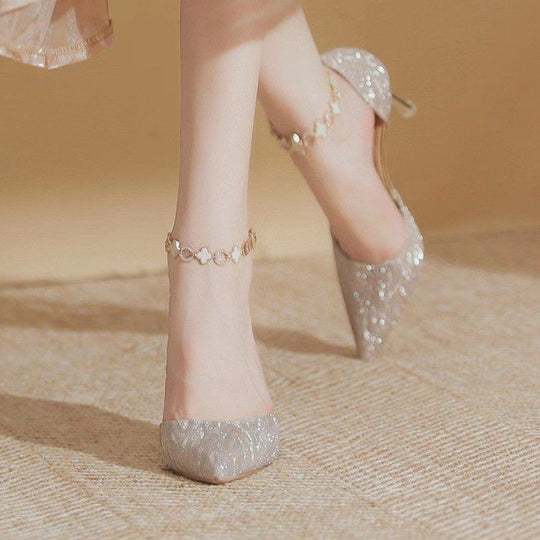 Damen elegante Pumps mit glitzerndem Strass und zartem Riemchen EB