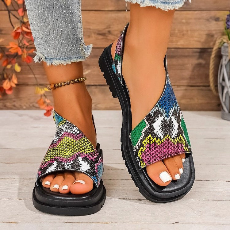 Damen bequeme Riemchen-Sandalen mit buntem Muster EB