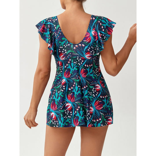 Damen Einteiler Badeanzug mit femininer Raffung und floralem Design EB
