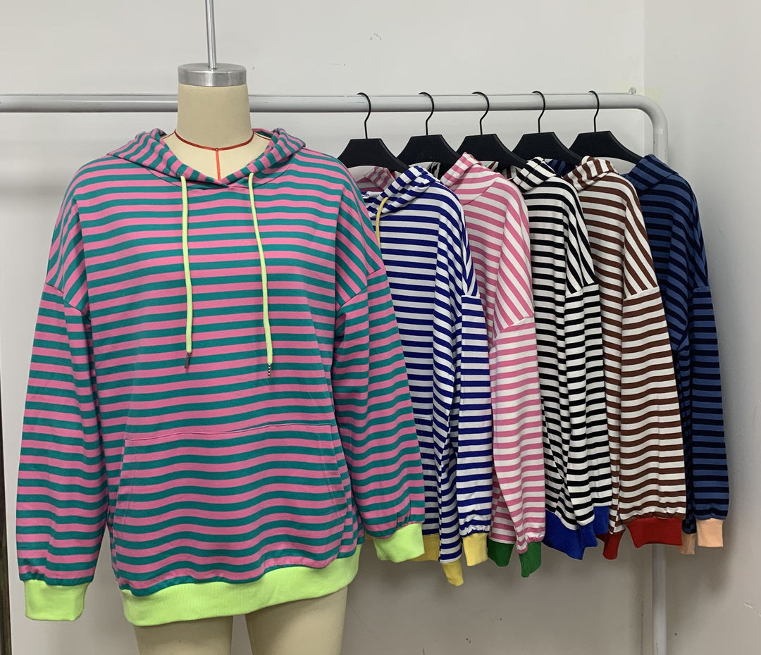 Damen gestreifter Kapuzenpullover mit stylischer Kängurutasche EB