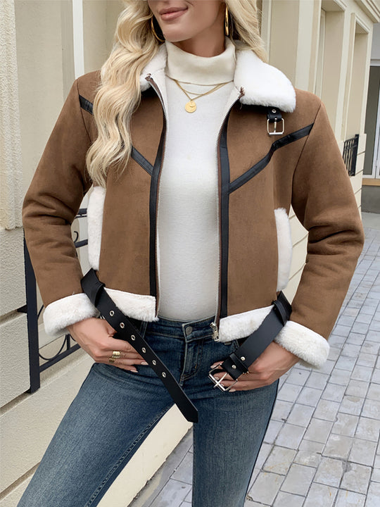 Damen Stylische Jacke mit Kunstfellbesatz und dekorativen Schnallen EB