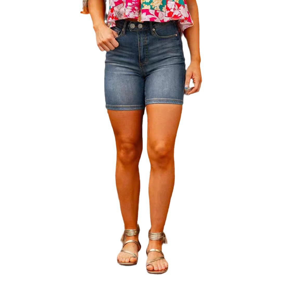 Damen Jeansshorts mit modischen Knöpfen und hohem Bund EB