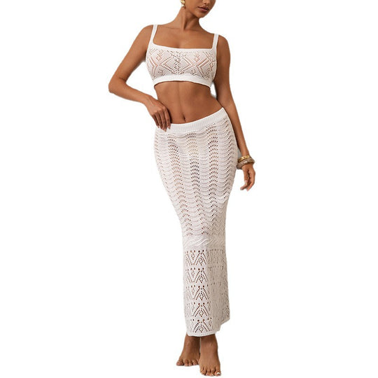 Damen Häkel-Bikini Set mit figurbetontem Oberteil und elastischem Rock EB