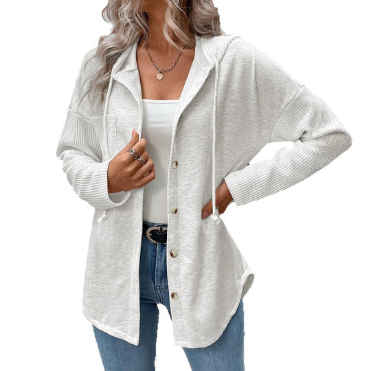 Damen Kapuzencardigan mit Knopfleiste, kontrastierenden Rippärmeln und lässiger Longline-Silhouette EB