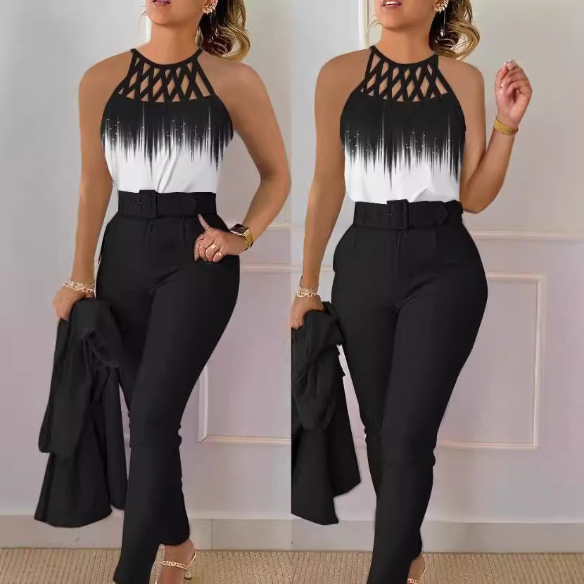 Damen Schicke Bluse mit Netzträgern und eleganter Hose EB