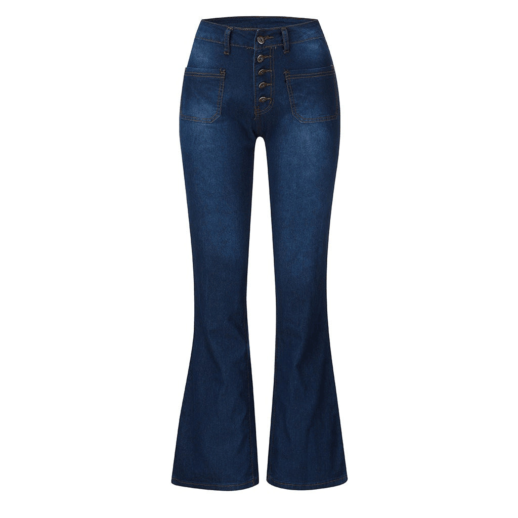 Damen nan High-Waist Schlaghose mit sichtbarer Knopfleiste und aufgesetzten Fronttaschen EB