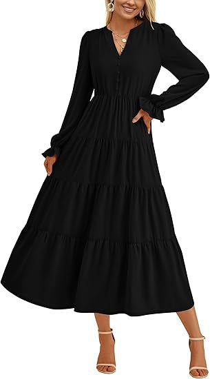 Damen Maxikleid mit knopfverzierter Front und voluminösen Ärmeln EB